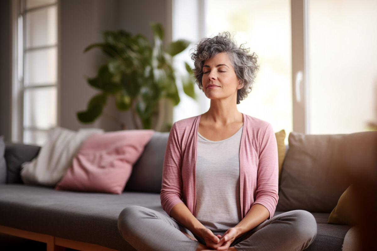 Middle aged woman meditating at home with eyes closed, relaxing body and mind in a living room. Mental health and meditation for Self-care and stress management.
