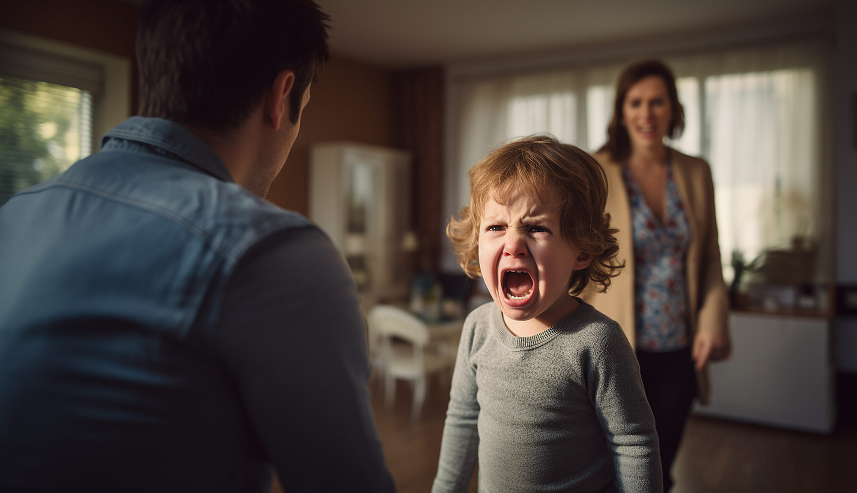 Angry screaming child with desperate parents.Stressed exhausted mother and father feeling desperate about screaming stubborn kid tantrum, upset annoyed parents tired of naughty difficult child girl misbehave yelling for attention